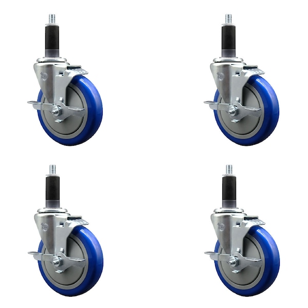 Service Caster 5'' Blue Poly Swivel 1-1/8'' Expanding Stem Caster Set with Brake, 4PK SCC-EX20S514-PPUB-BLUE-TLB-118-4 - main